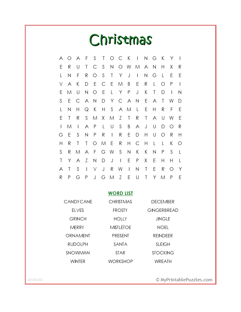 christmas word search - advanced | my printable puzzles